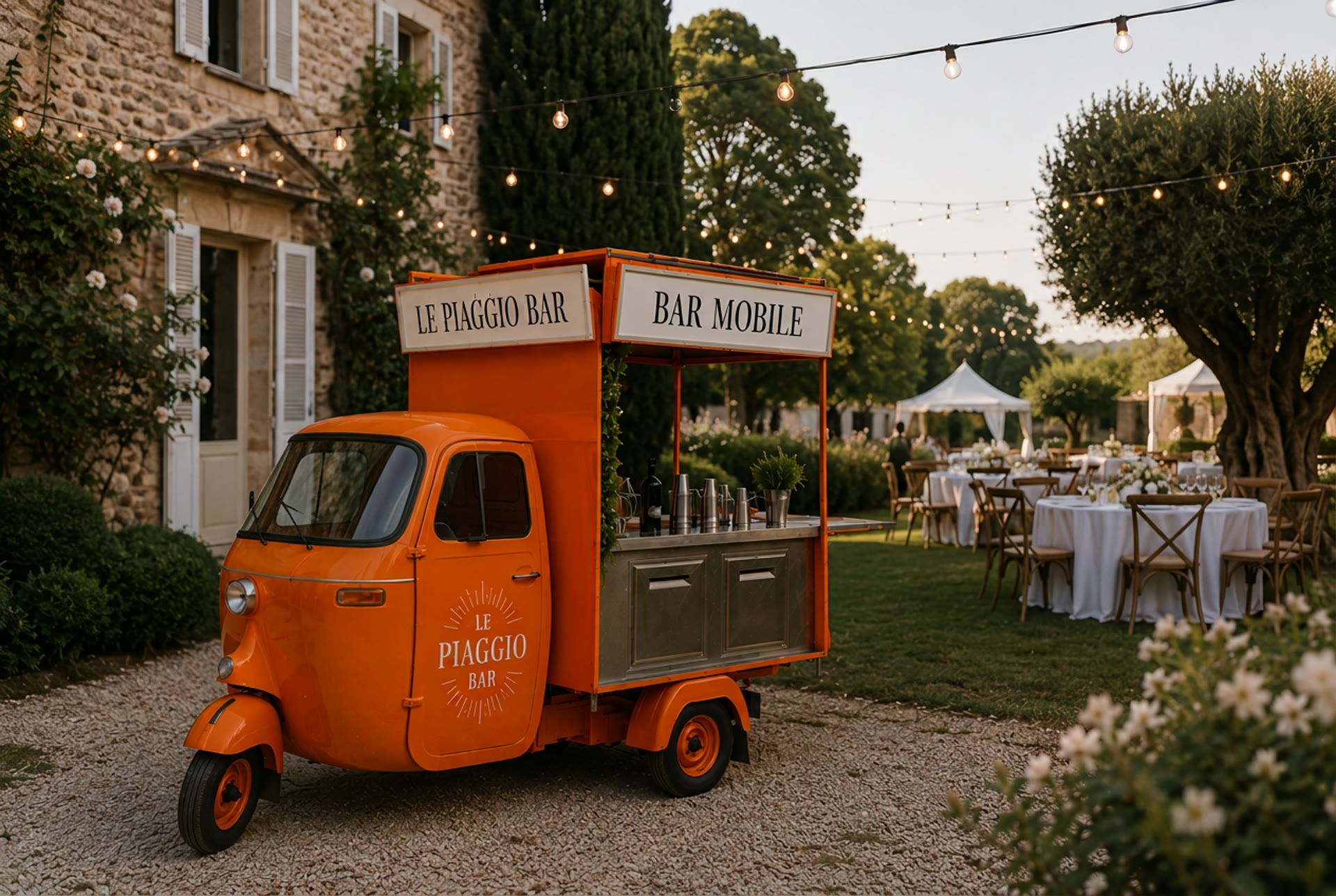 Piaggio APE 1962 transformé en bar mobile dans un jardin provençal