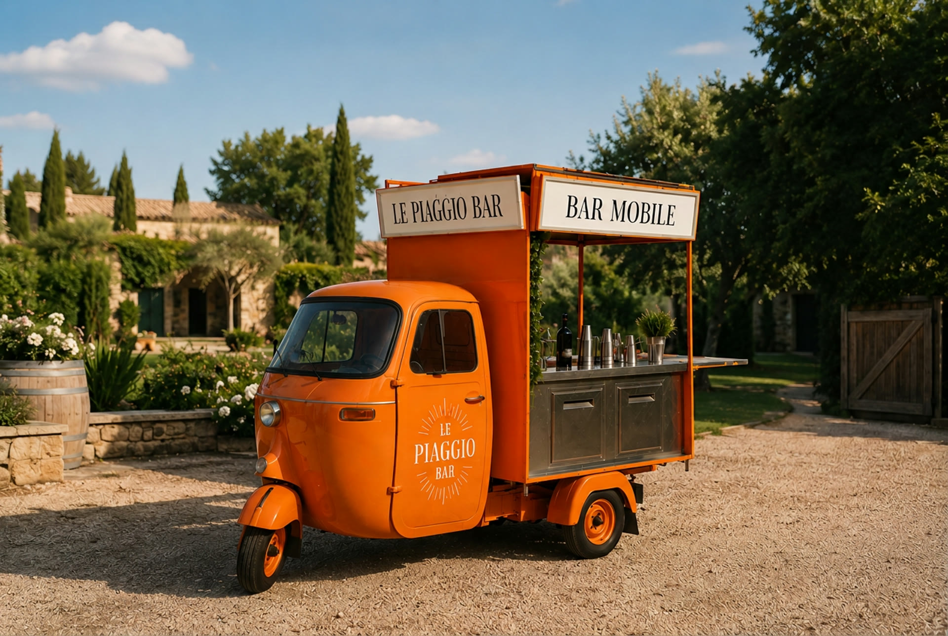 Piaggio APE 1962 aménagé en bar mobile, devant une bâtisse en pierre
